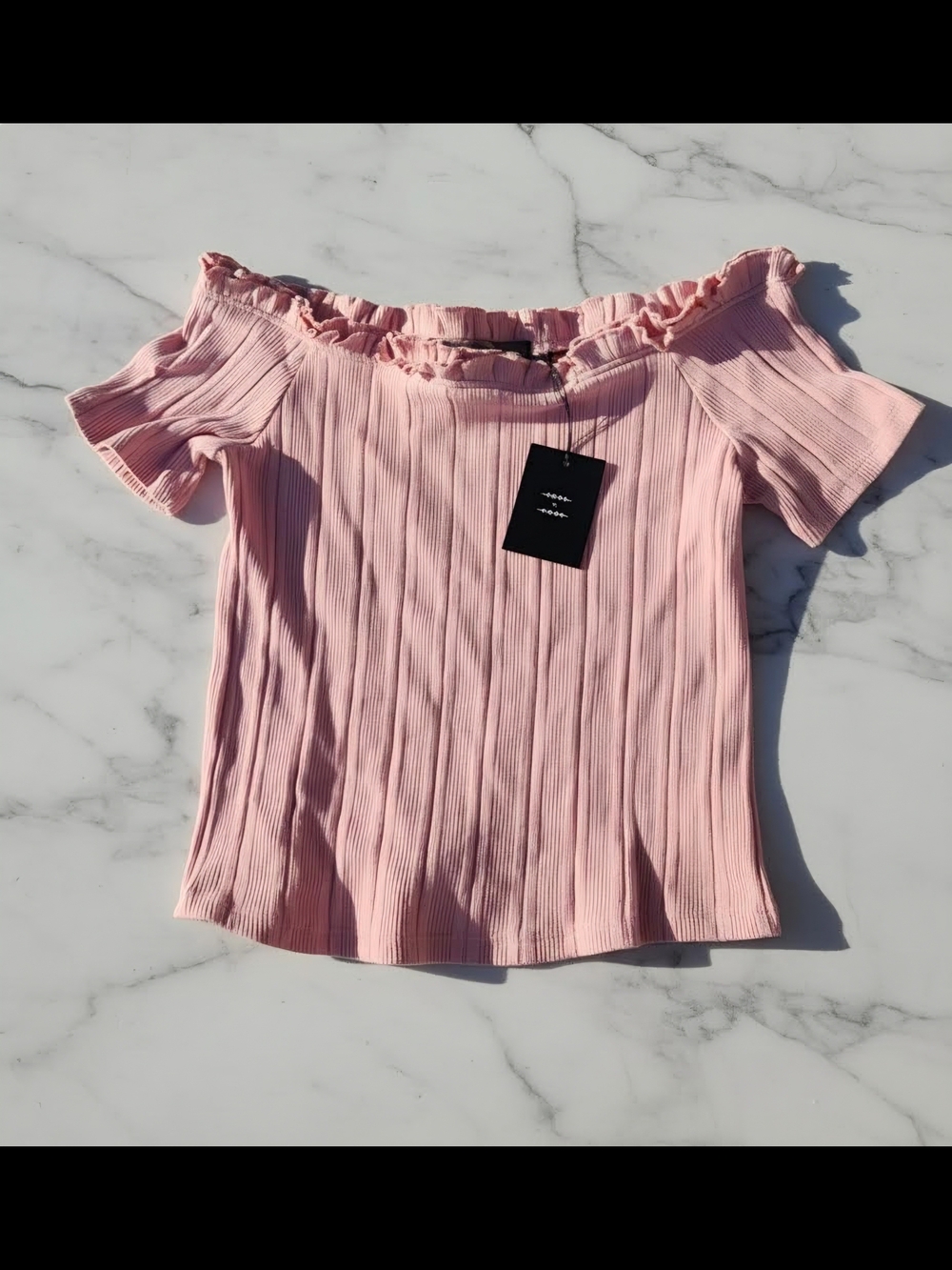 Code x Mode Pink Off-The-Shoulder Ribbed Ruffle Knit Crop Top Shirt - Picture 2 of 4
